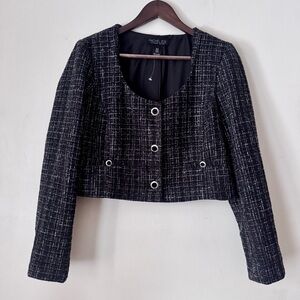 Rachel Zoe Tweed Cropped Blazer Button Up Plaid Metallic Black - Size 10